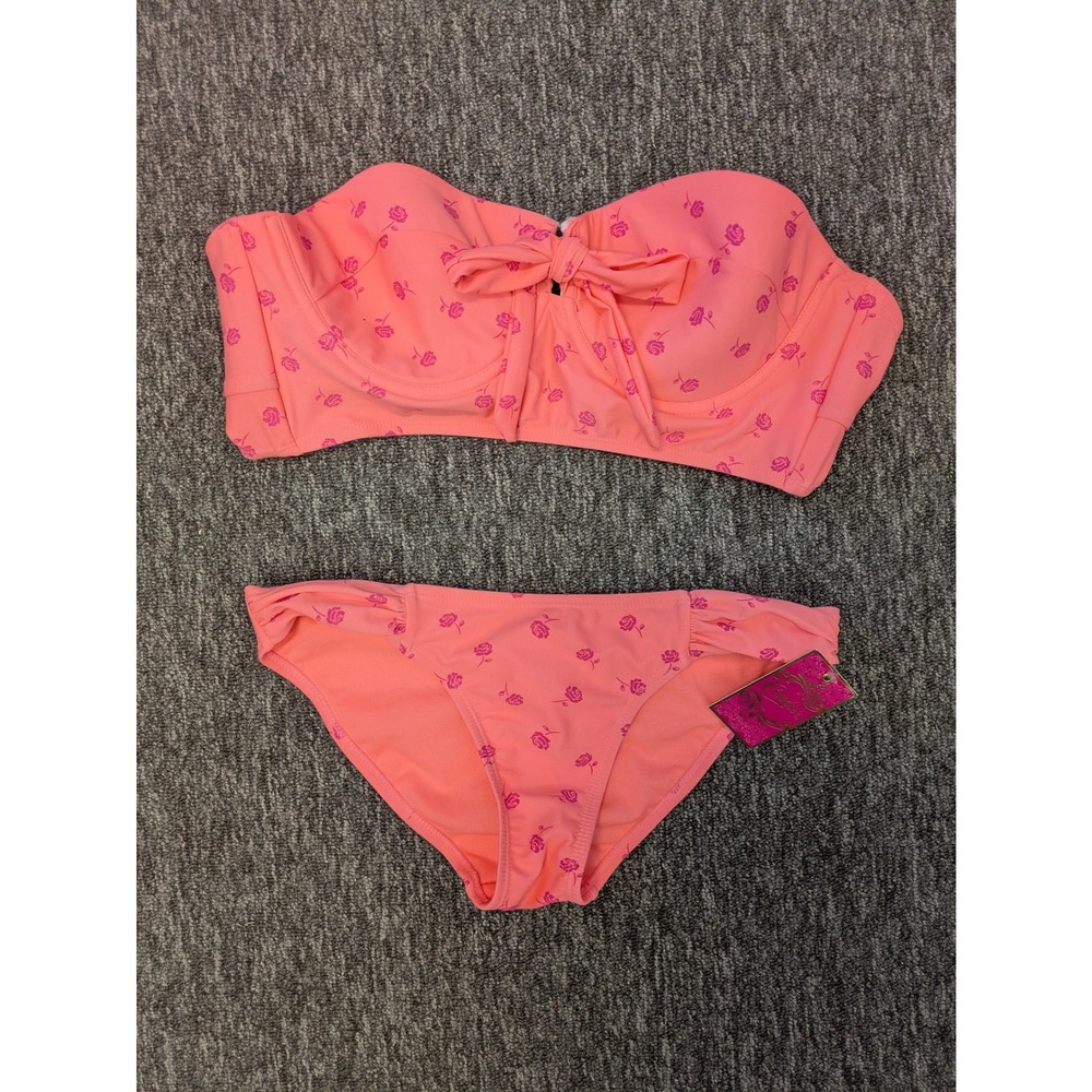 Candie's Swimsuit Set Medium‎ Coral Pink Floral Strapless Bikini Two Piece NWT